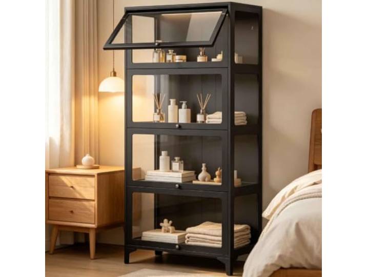 Gavoir Vitrinenschrank Glas Schwarz Modern Für Die Küche Wohnzimmer 4-Lagen Glasvitrine Stehend Vitrinenschrank 32x78x165cm Sammlervitrine Vitrine