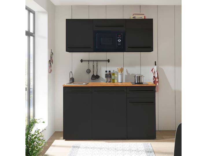 Singleküche 160 x 212 x 60cm Schwarz/Matt Schwarz ohne Elektrogeräte