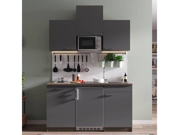 Cuisine Oliver II 150cm Gris/Gris/Imitation chêne foncé Plaque de cuisson