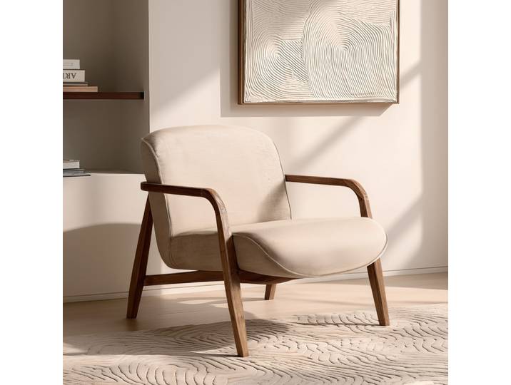 Sixtine - Fauteuil En Tissu Beige Et Bois De Teck Recyclé