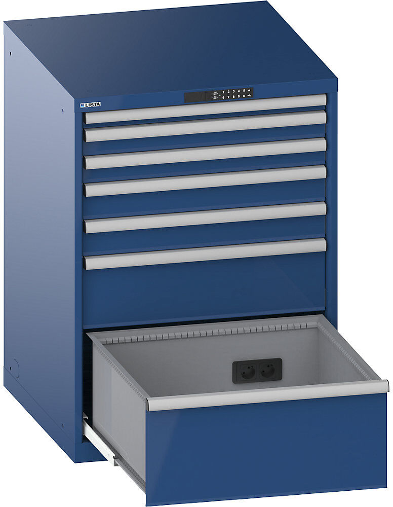 Schubladenschrank, mit Akkuladefunktion, RFID-Schloss, BxTxH 717 x 725 x 1000 mm, 7 Schubladen, 2 x 230V, enzianblau, CH LISTA