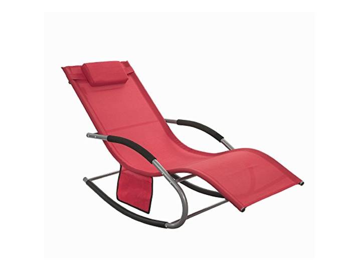 SoBuy Ligstoel, Tuinstoel, Schommelstoel met Verstelbare Hoofdsteun, Opbergzak en Voetensteun, voor Tuin,Buiten, Balkon, Strand, Rood, OGS28-R
