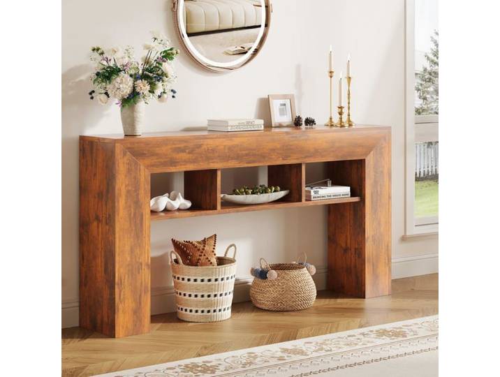 Console longue 63″ style campagne bois marron étagères supplémentaires derrière canapé entrée couloir foyer