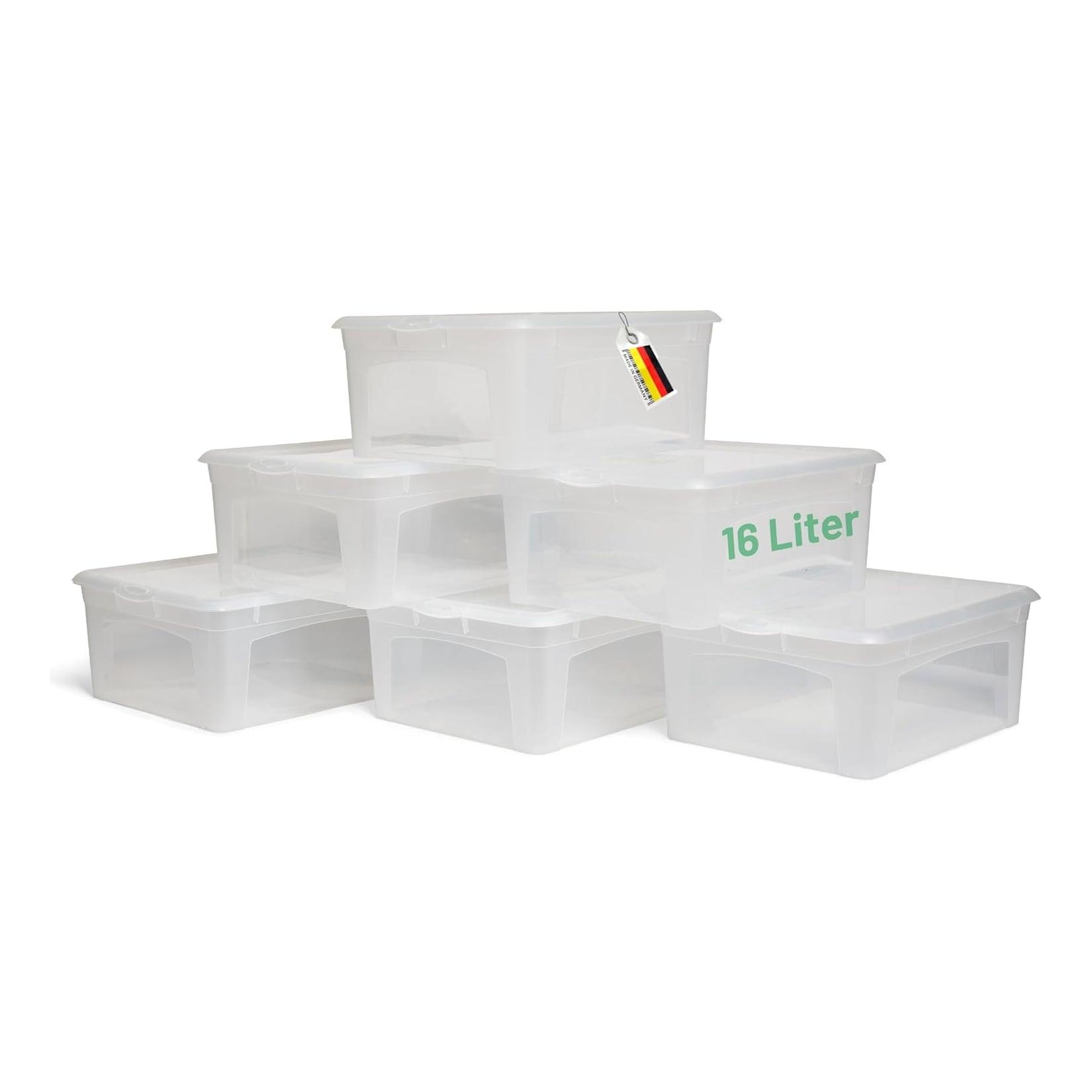 6x Aufbewahrungsboxen mit Deckel 16L transparente Boxen stapelbare Nestbar Storage boxes mit Clipverschluss Kunststoff BPA-frei 41x34x17 cm