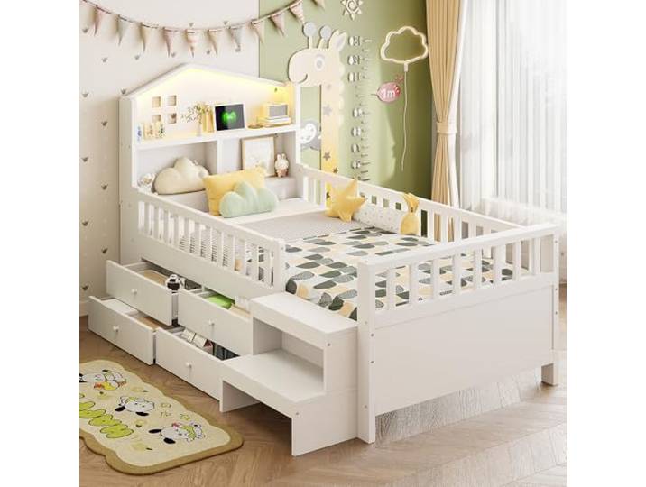 Merax Kinderbett, 90 x 200 cm mit Sicherheitsbarriere, 4 Aufbewahrungsschubladen, Treppen, LED-Beleuchtung und USB-/Typ-C-Anschlüssen, Einzelbett mit Lattenrost, Weiß (ohne Matratze)