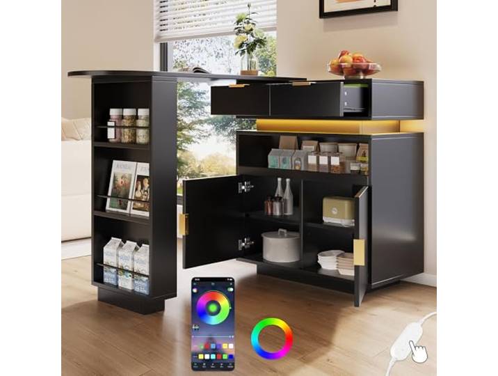 BTM Kücheninsel mit Ausziehbarer Arbeitsplatte, Bartisch mit Stauraum, Kaffeebar Buffetschrank Sideboard Wohnzimmer Schwarz
