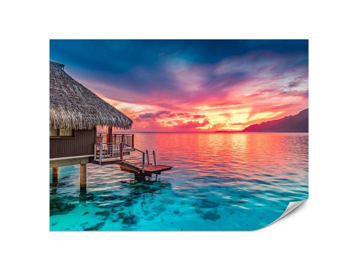 FOTOTAPETE für Wohnzimmer Sonnenuntergang Ozean Holzhütte 200x140