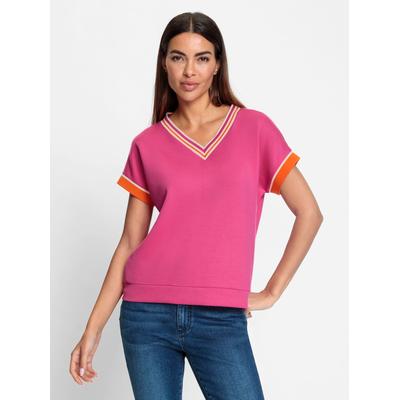 V-Shirt HEINE "Shirt", Damen, Gr. 44, bunt (fuchsia, orange), 50% Modal, 44% Polyester, 6% Elasthan, gemustert, unifarben, V-Ausschnitt, Shirts