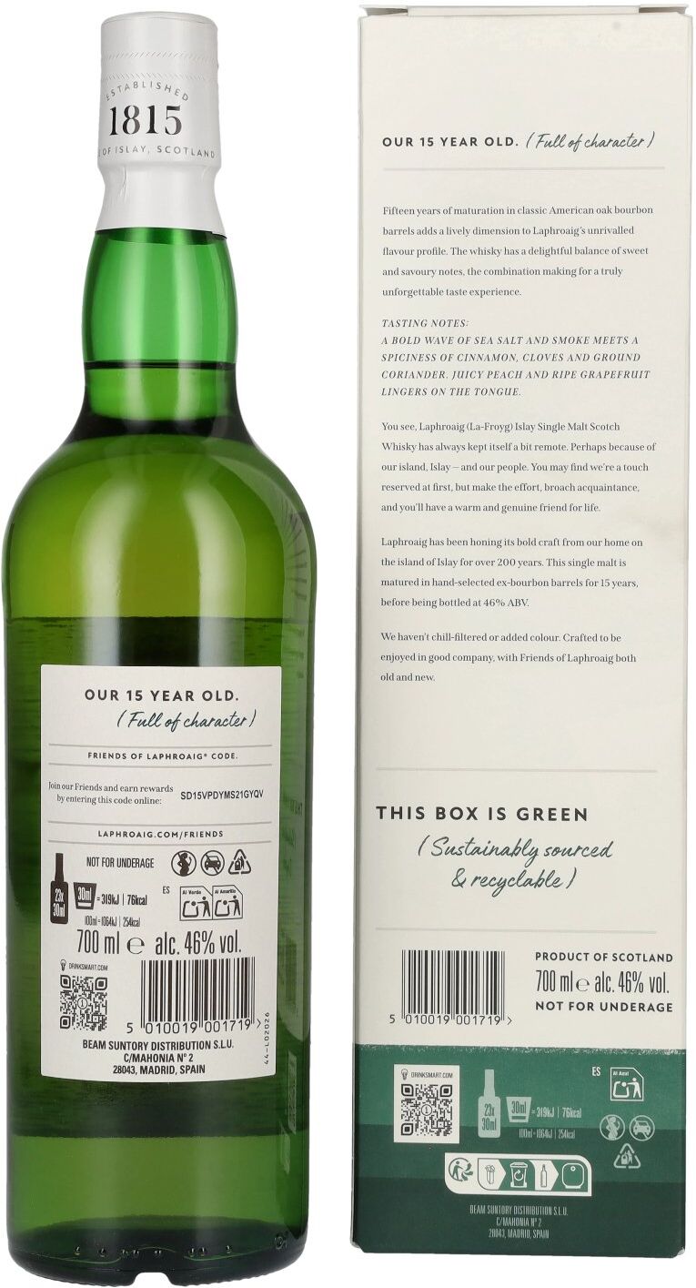 Laphroaig 15 Years Old Islay Single Malt Scotch Whisky 46% Vol. 0,7l in Geschenkbox