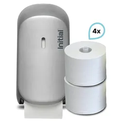 SET: Doppelrollenspender Signature, antibakterielle, Weiß ODER Silber + 4 Rollen Premium Toilettenpapier, Rentokil INITIAL