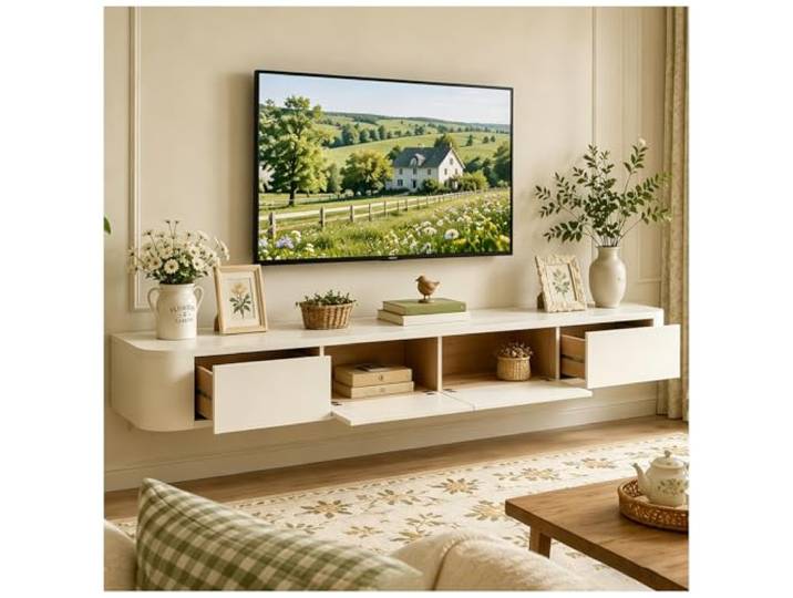 JUNFUNNLE Schwebende TV Schrank 300cm Weiß, TV Lowboard Hängend mit 2 Schubladen & 2 Klappen Türen, TV Board Hängend mit Kabelmanagement, Hänge Sideboard für Wohnzimmer und Esszimmer