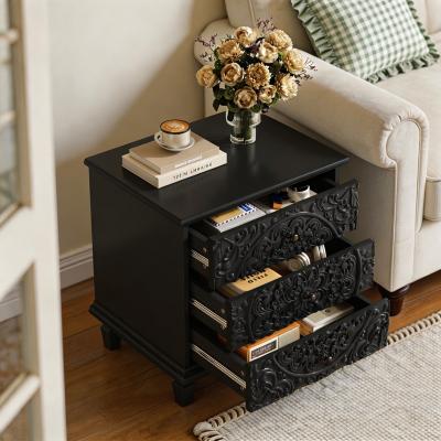 Vintage Wood 3 - Drawer Nightstand, Carved Embossed Accent Chest for Bedroom Living Room