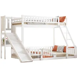 OKWISH Etagenbett 140x200 aus Kiefernholz mit Rutsche, Regalen und Leiter, sicher, robust und platzsparend, multifunktionales zimmerbett, Weiß