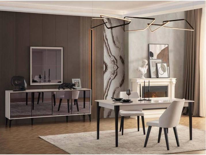 Xlmoebel Essgruppe Esstisch und Anrichte aus weißem Holz für stilvolles Esszimmer, (Essgruppe, 3-tlg., Esstisch + Sideboard), Hergestellt in Europa