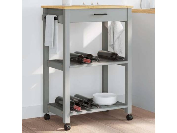 Küchenwagen aus Kiefer Massivholz 60x40x88,5 cm mit Schublade und Ablagen Kiefer Massivholz, Vintage Design, 3 Ablagen, Schublade, Haken, 4 Rollen, 2 feststellbar