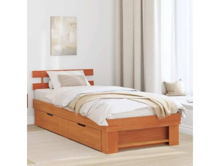 YUTAASU Bettrahmen Wachsbraun 90 x 190 cm Massives Kiefernholz Mit Schubladen, Lattenrost Inklusive, Stabile Konstruktion, Modernes Design