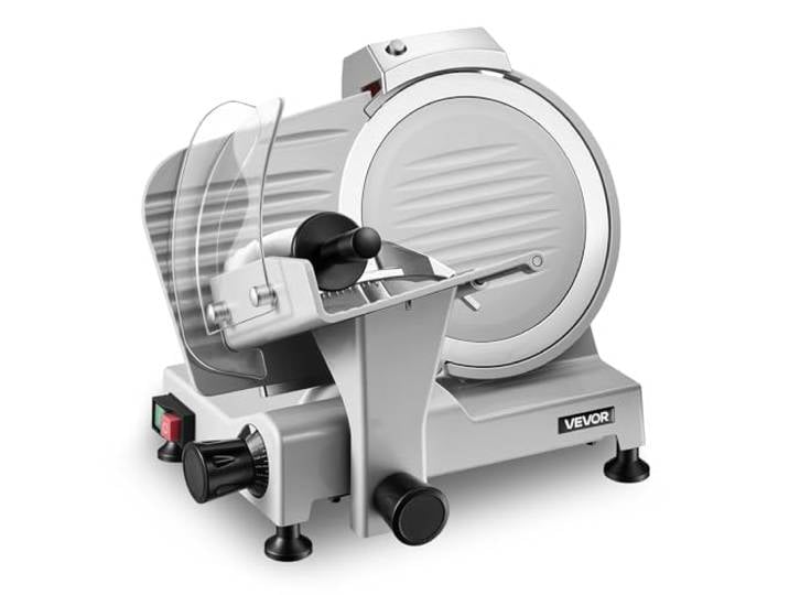 VEVOR Trancheuse Électrique 300 W\, Trancheuse à Jambon Épaisseur de Coupe Réglable 0-12 mm\, pour Saucisson Pain Fromage Viande Charcuterie\, Lame en Acier au Carbone 250 mm et Plateau Amovibles
