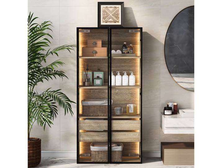 Colonne Salle De Bain LED Naturel Meuble De Rangement FloraGrace Pour Salle De Bain A Suspendre Ou Poser 74x36x155cm