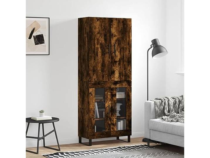 RJPLMFV Anrichte hoch, 69,5 x 34 x 180 cm Langlebiges Holz aus Holz, Türen aus Glas, Füße aus Metall, Wandbefestigung im Lieferumfang enthalten