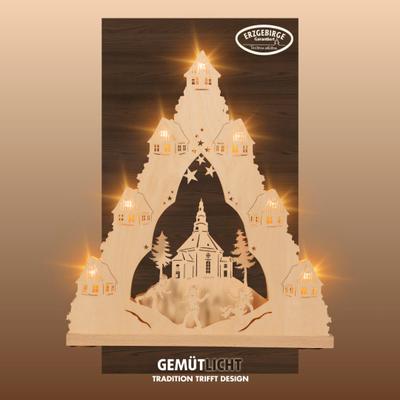 LED Schwibbogen WEIGLA "Seiffener Kirche, Lichterspitze aus Holz, NATUR, Made in Germany", beige (natur), B:38cm H:43cm T:4,5cm, Holzwerkstoff, Schwibbögen, Erzgebirge garantiert, Weihnachtsdeko Innen, Weihnachtsbeleuchtung