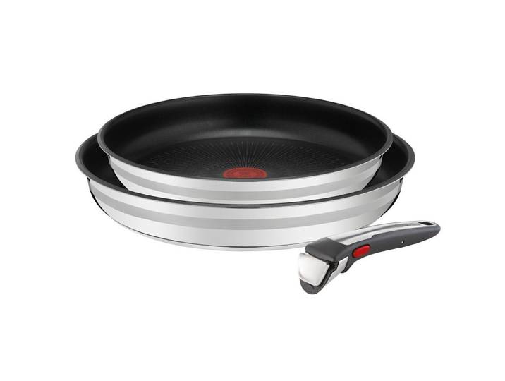 Tefal Pfannenset Jamie Oliver Ingenio G6, Schwarz, Edelstahl, Metall, 2-teilig, rund, 33x12x33 cm, abnehmbarer Griff, hitzebeständige Griffe, backofengeeignet, antihaftbeschichtet, Kochen, Pfannen, Pfannensets
