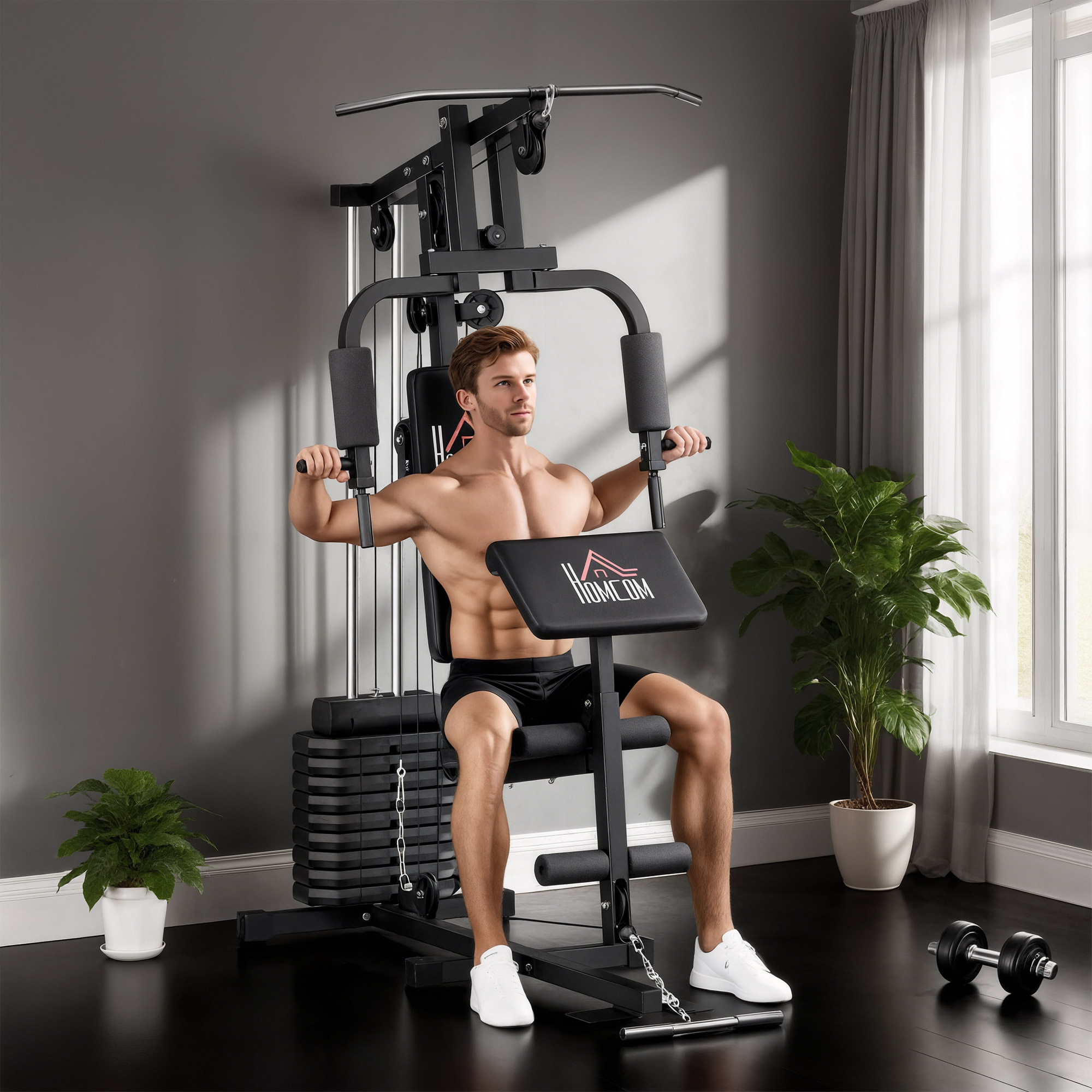 Homcom Stazione Fitness Multifunzione Power Tower con Pesi fino 45kg e Panca Imbottita, 135x103x210cm
