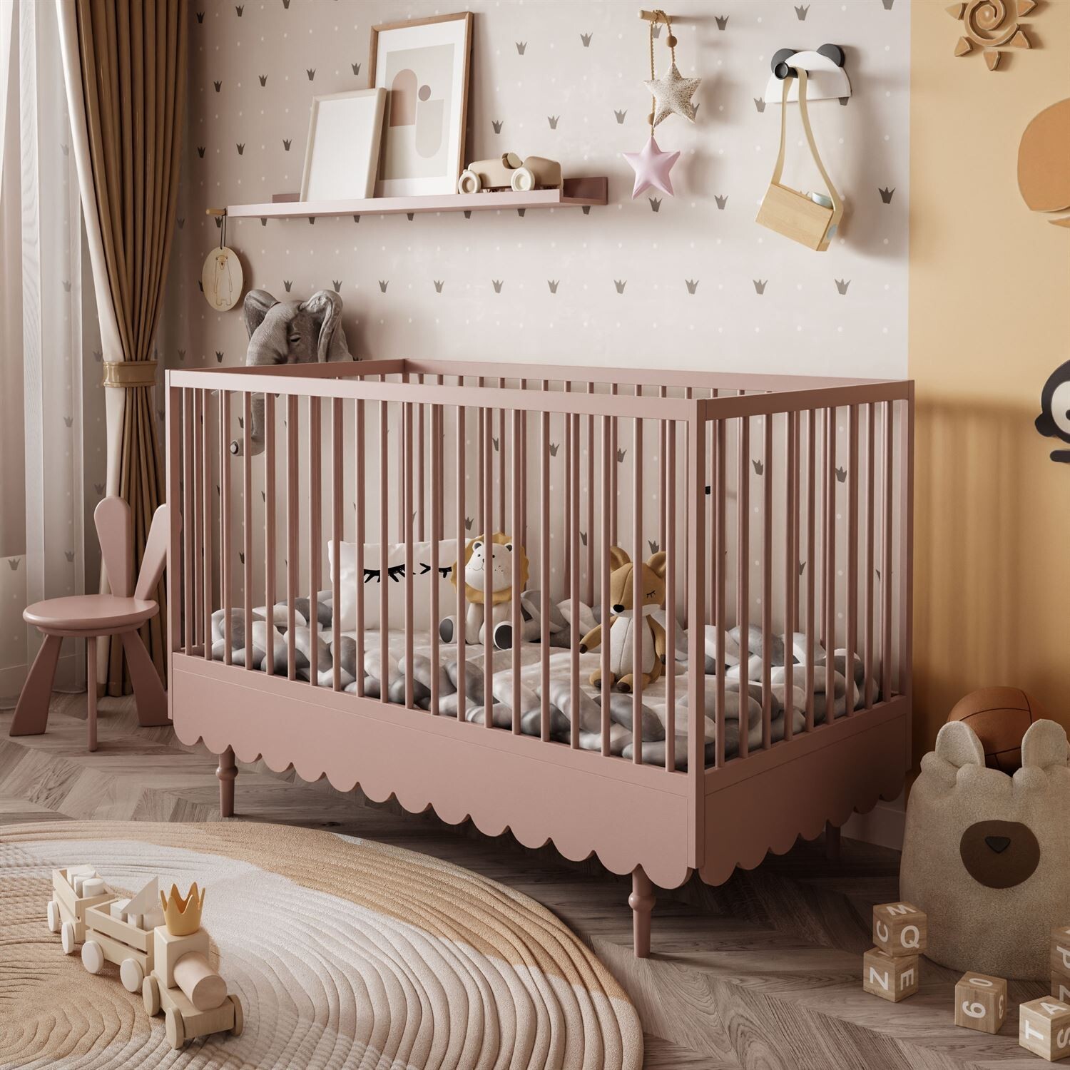 Kinderbettchen BABUSHKA Natürlich Rosa mit einem Wickeltisch und ohne Matratze