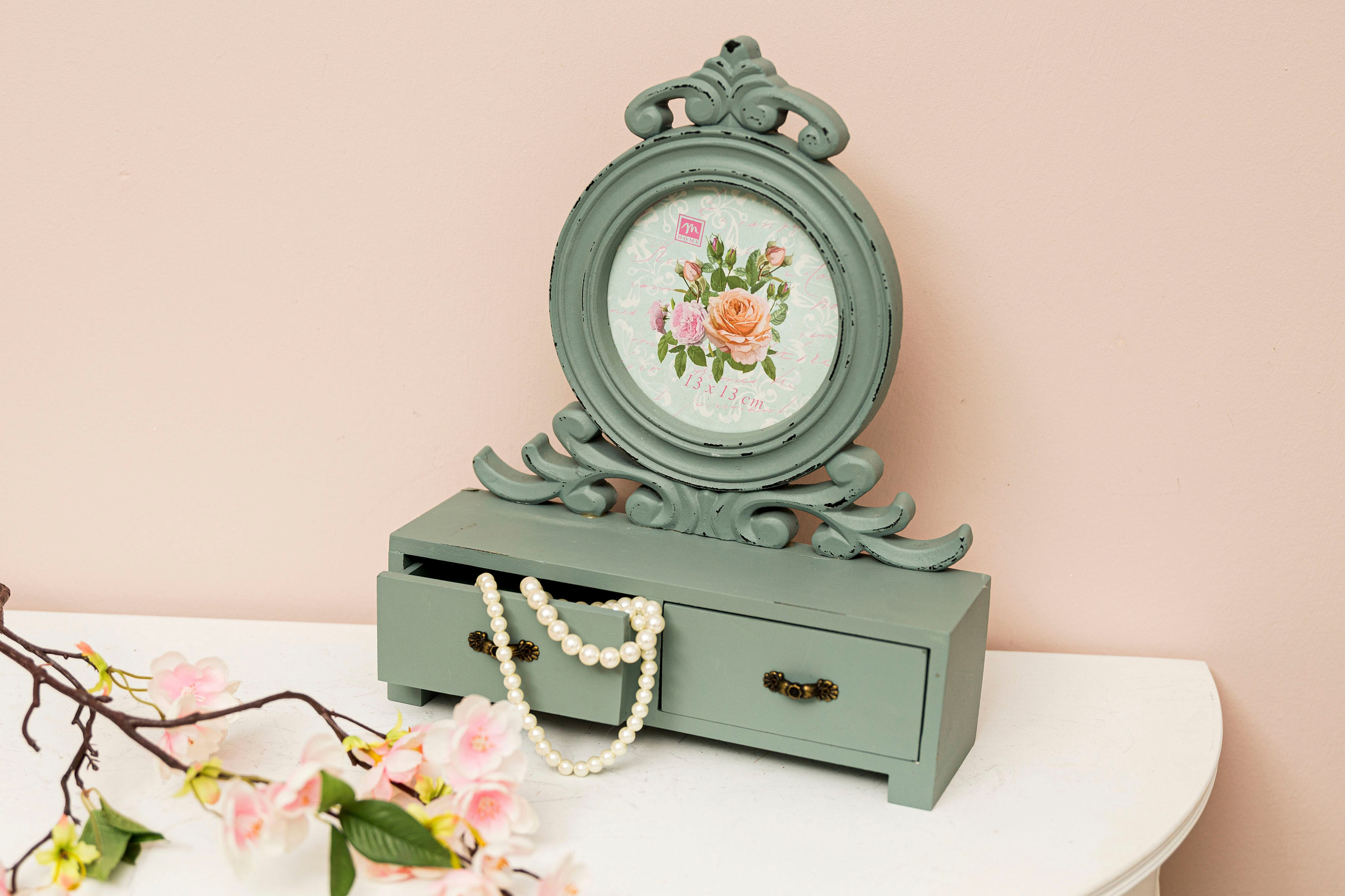 Bilderrahmen "Senja, grün", grün, B:30cm H:10cm T:37cm, MDF, MYFLAIR MÖBEL & ACCESSOIRES, Bilderrahmen, Bilderrahmen, mit 2 Schubladen, ideal auch als Schmuckkasten, Shabby Optik