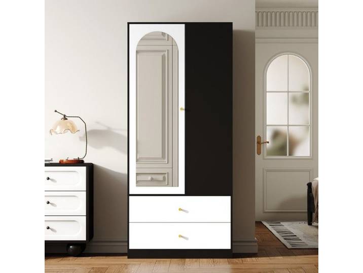 Armoire moderne 1 porte avec miroir 2 tiroirs et 4 étagères rangement polyvalent chambre blanc et noir dimensions 80x40x180 cm