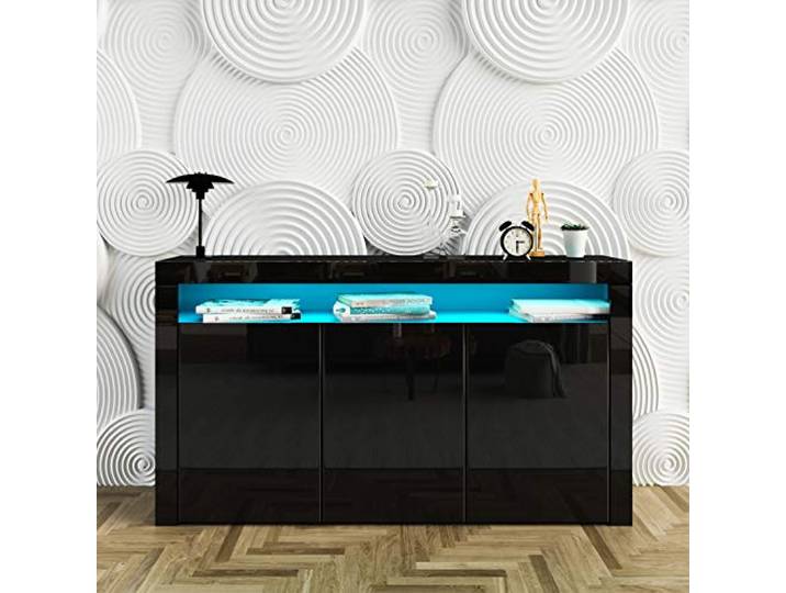 Sideboard Kommode Hochglanz Front mit LED Beleuchtung TV Lowboard Schwarz 3 Türen, 4-Farben-Transformationsmodus mit 16 wechselnden Farben, Für Esszimmer Wohnzimmer Möbel, 152x97x35cm