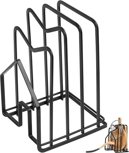 Zwarte metalen organizer voor snijplanken en dekselhouders