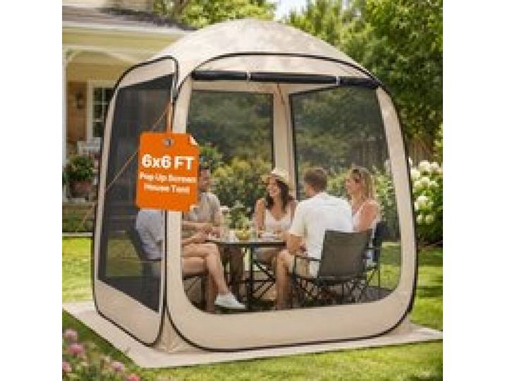 VEVOR Campingzelt, 182,88x182,88x219,4 cm, Partyzelt für 4-6 Personen, Pop Up Zelt mit Tragetasche, Netz-Seitenwänden und Heringen, für Garten, Terrasse und Outdoor-Aktivitäten, Beige