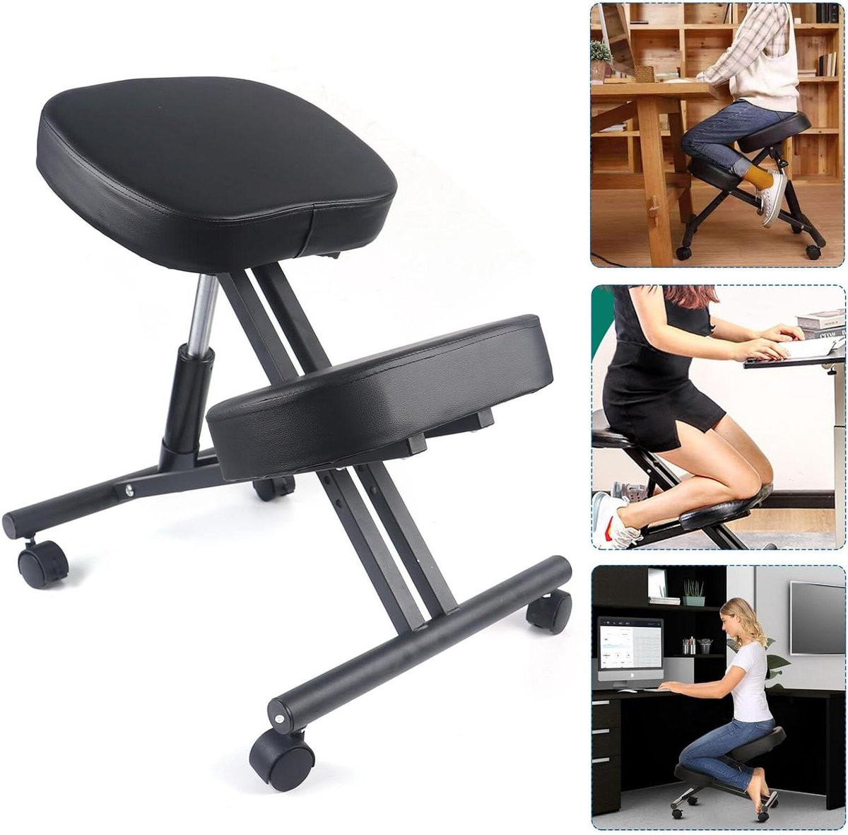 Ergonomische Kniestoel met Rugleuning voor Houdingscorrectie - Zwart