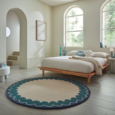 Wollteppich FLAIR RUGS "WIGGLE", beige (petrol), B:160cm H:8mm L:160cm Ø:160cm, Wolle, Teppiche, mit gewelltem Wellenrand; auch als Läufer und in rund
