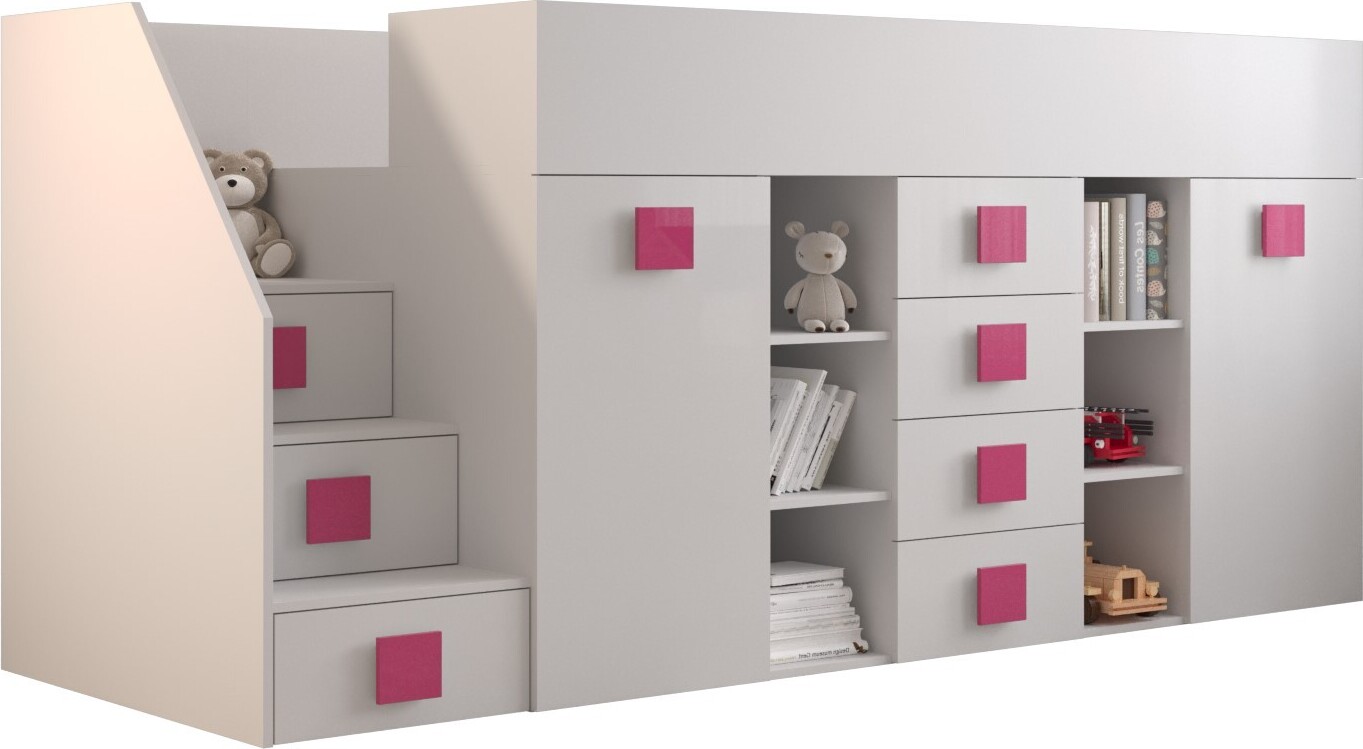 MINIO go for it, Etagenbett "TOLEDO 3", Links, Rosa glänzende Griffe, Weiße Farbe