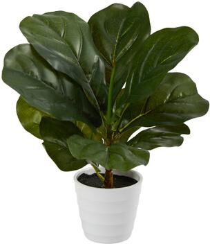 Nearly Natural "11"" Fiddle Leaf Artificial Plant in White Planter (Real Touch) - 3.25"""