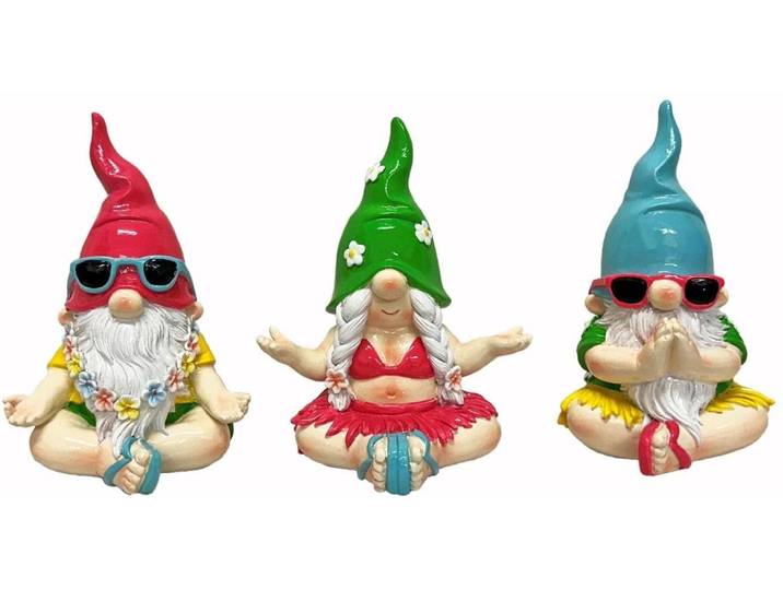 Gartenzwerg Dameco sitzend in Yoga Pose 3-er Set, 12 x 14 x 17 cm , bunt (mehrfarbig), B:12cm H:17cm, Polyresin (Kunststein), Gartenfiguren, Gartenzwerg