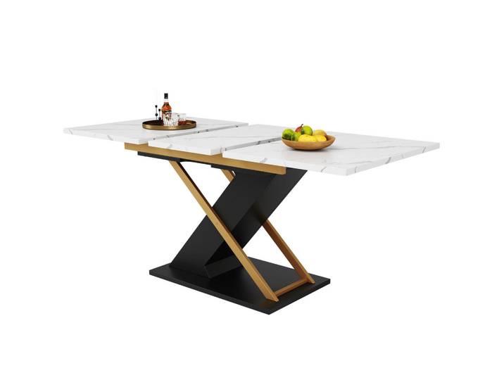Flieks Esstisch Ausziehbar 120-160cm Gold Kreuzbeine, Schwarz, Metall, 160x75.4x80 cm, Esszimmer, Esstische