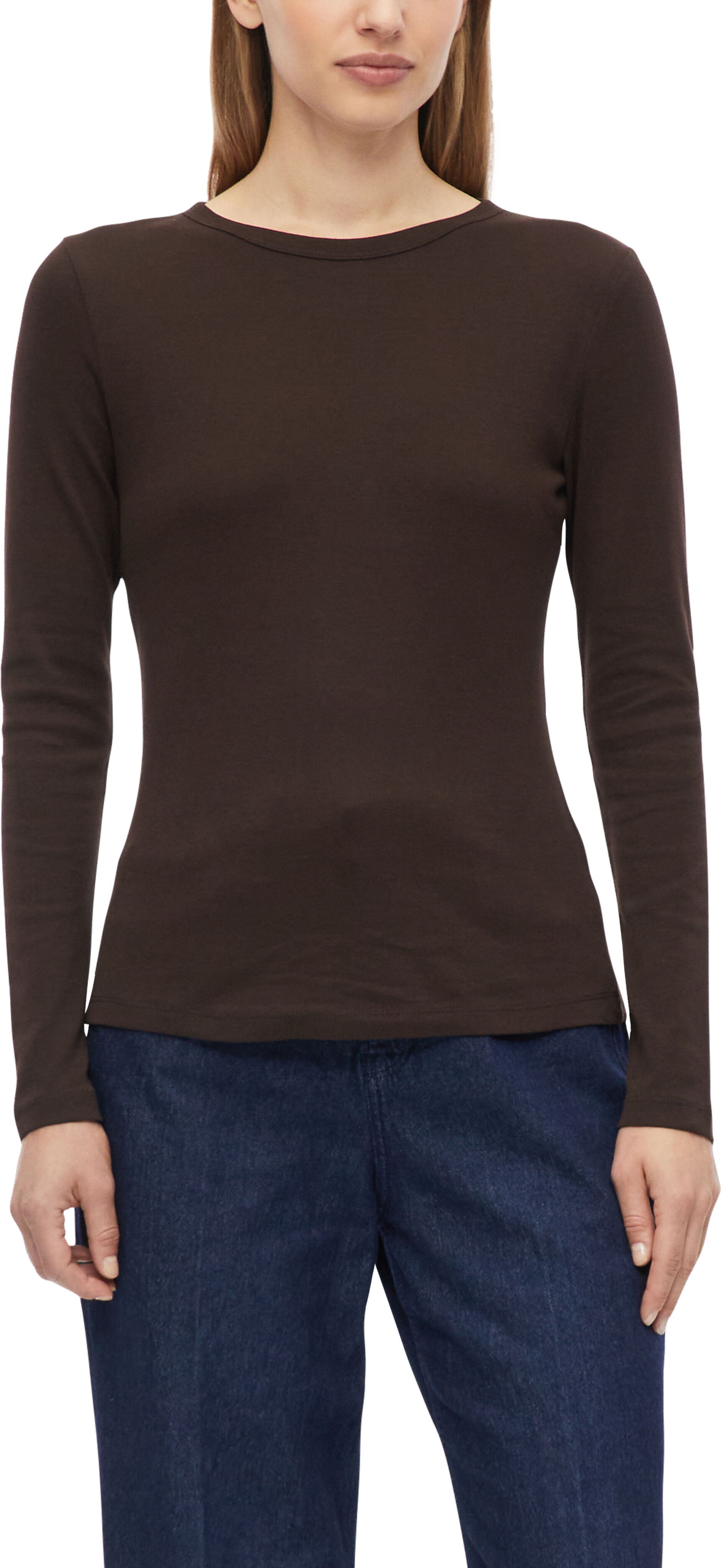 Langarmshirt S.OLIVER, Damen, Gr. 38, braun, Jersey, Obermaterial: 100% Baumwolle, regular fit hüftlang, U-Boot-Ausschnitt, gerader Abschluss, Shirts Langarmshirt, mit U-Boot-Ausschnitt