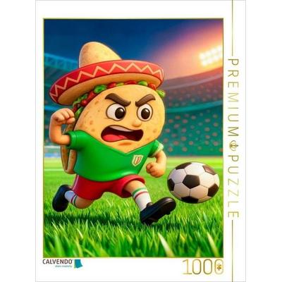 CALVENDO Puzzle Mexikanischer Taco auf humorvoller Fußball Torjagd im Stadion | 1000 Teile Lege-Größe 64x48cm Foto-Puzzle für glückliche Stunden