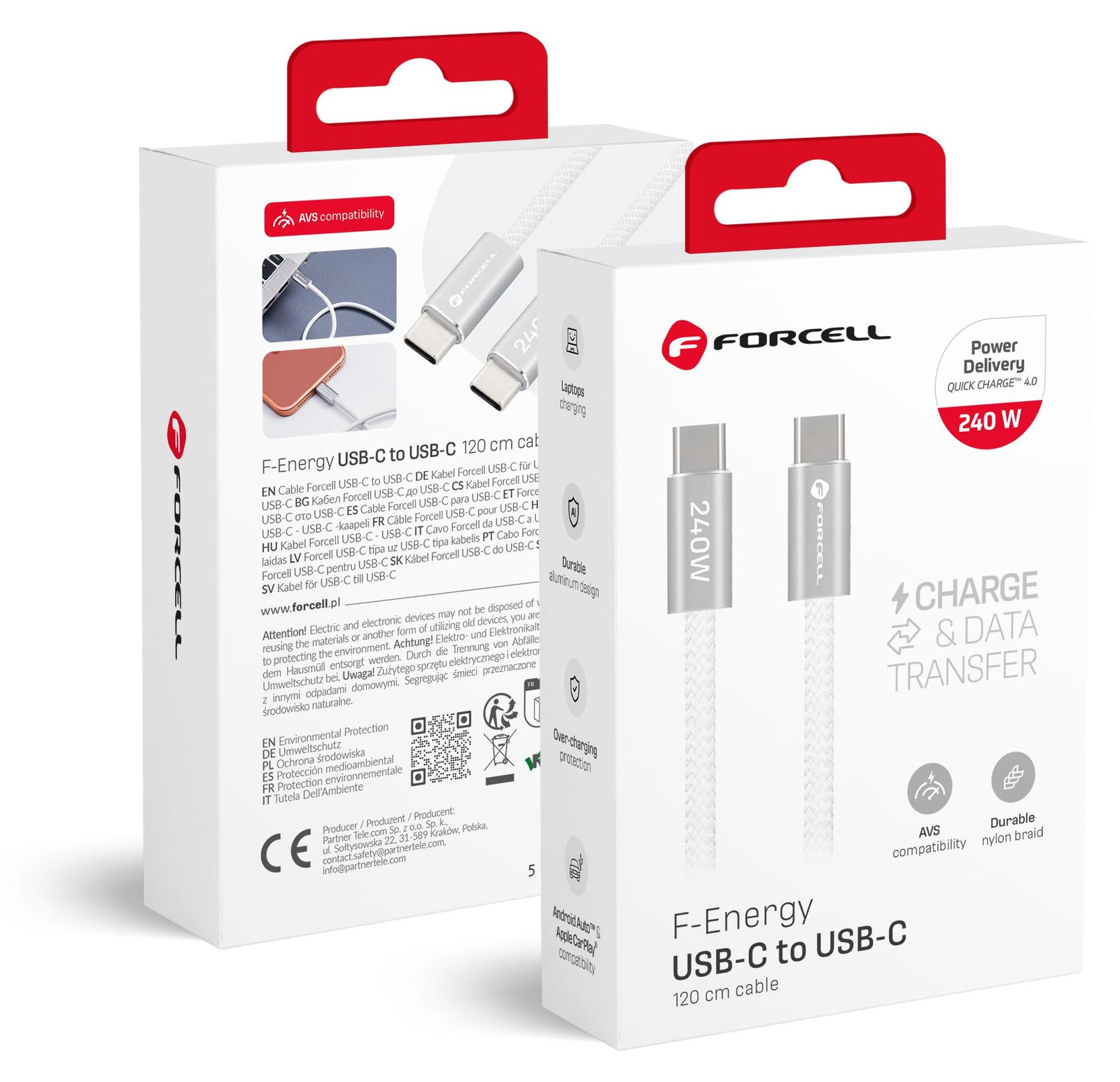 Forcell F-Energy USB-C naar USB-C kabel, QC4.0, PD 5A, 240W, 1,2 meter, wit