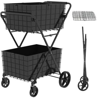 Justmaellc Foldable Utility Shopping Carts with Double Basket and 360 Rolling Swivel Wheels for Groceries Laundry