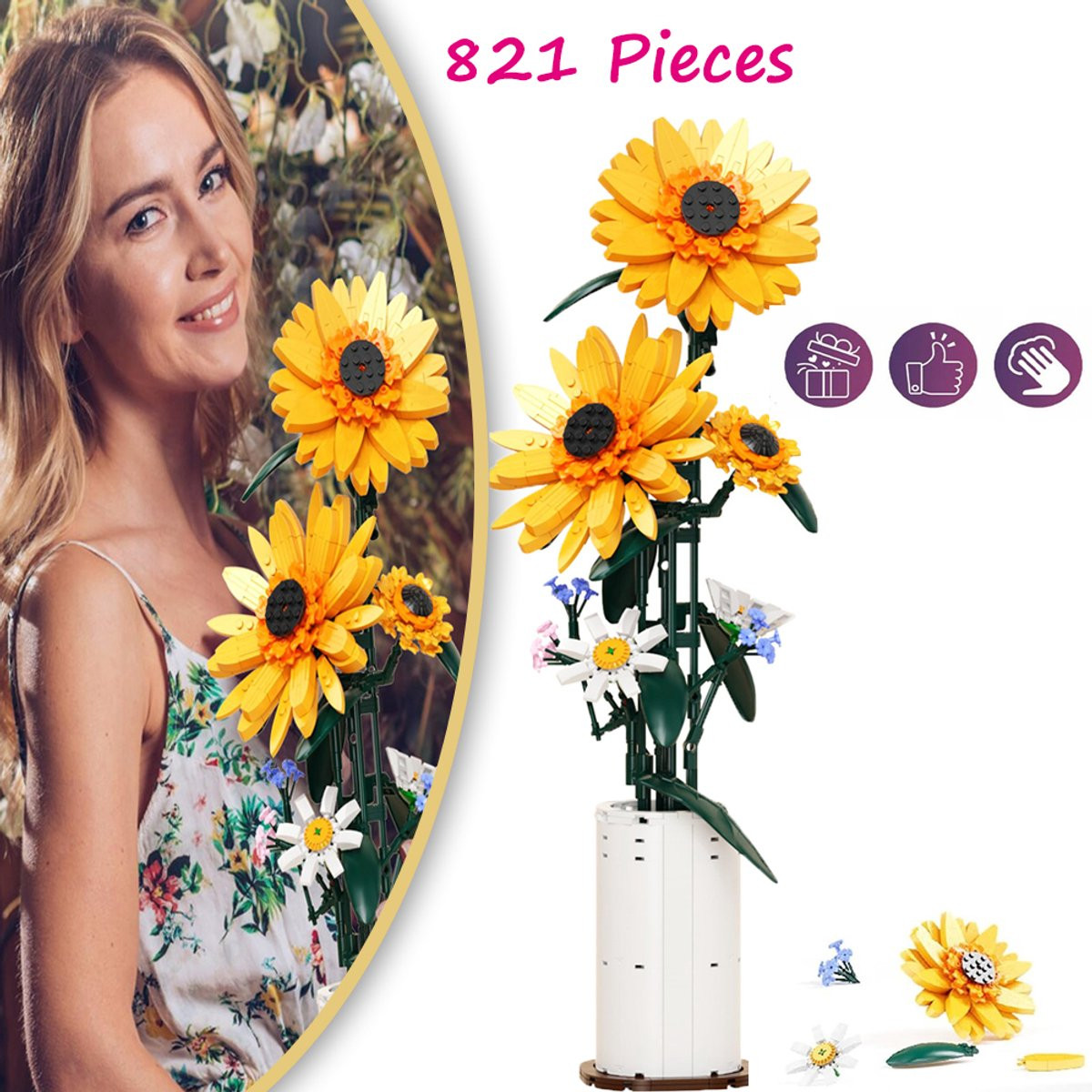CHOOLY Zonnebloem Bonsai Bouwset met Vaas - 821-delig - Felgeel