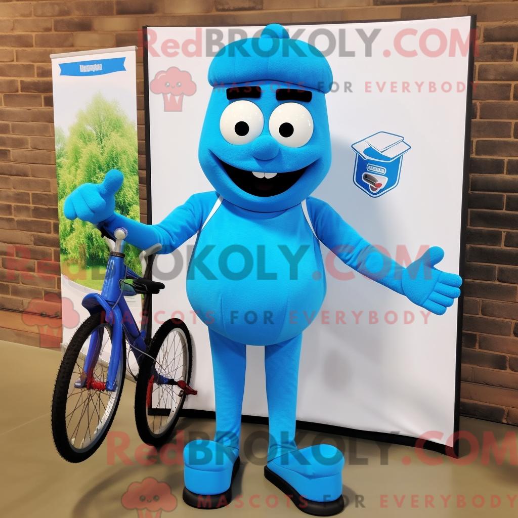 Maskottchen REDBROKOLY eines blauen Einradfahrers mit Polo-Shirt und Schuhclips