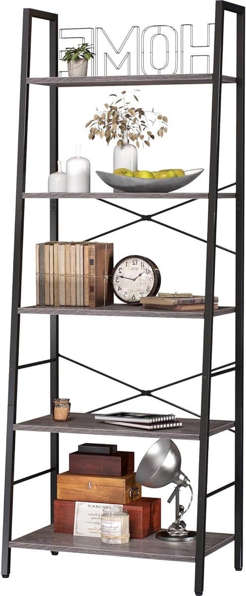Industriële ladder boekenplank voor de woonkamer, grijs, Hoogte: 160 cm