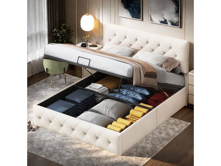 Rosahqnda Lit capitonné avec cadre de lit double, lit élévateur avec grand espace de rangement, beige, tissu velours, sans matelas