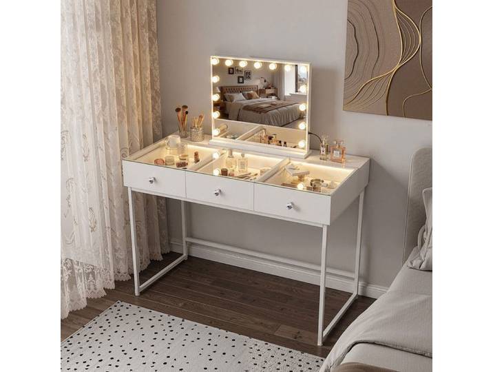 FENCHILIN Coiffeuse avec Miroir LED 3 Tiroirs Blanc 130 x 55 x 127 cm