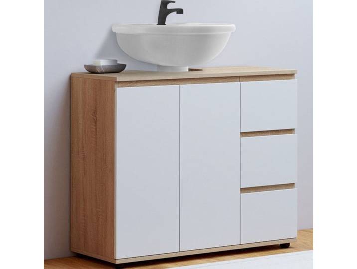 IDMARKET Meuble sous lavabo salle de bain TOMI avec placard et 3 tiroirs façon hêtre et blanc