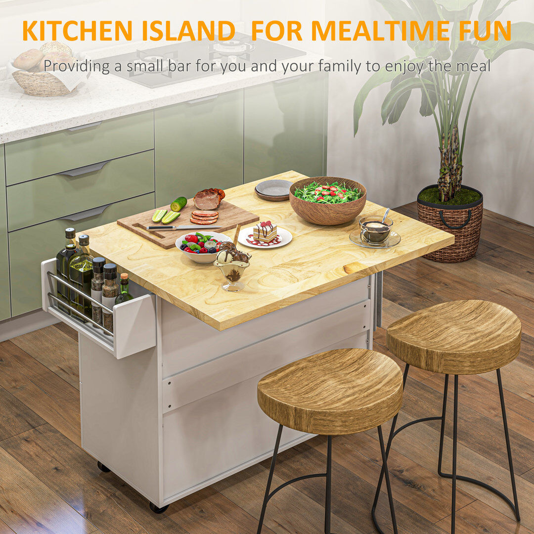 Rosalind Wheeler Tetonia Rolling Kitchen Island, Kitchen Storage Trolley w/ Drop Leaf, Drawers White 89cm H X 111.5cm W X 75cm D