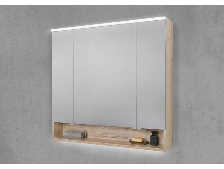 Spiegelschrank 90 cm 3 türig mit offenem Fach mit integrierter MULTI Light LED Beleuchtung Doppelspiegeltüren